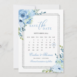 Dusty blue floral silver glitter calendar wedding save the date