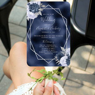 Dusty Blue Floral Silver Navy Foil Wedding Program Hand Fan