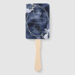 Dusty Blue Floral Silver Navy Foil Wedding Program Hand Fan