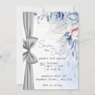 Dusty Blue Floral Silver Ribbon Save The Date Invitation