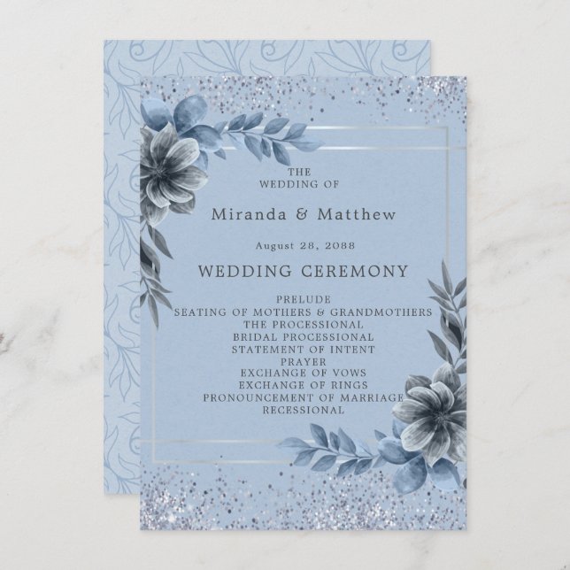 Dusty Blue Floral Silver Wedding Program Invitation (Front/Back)