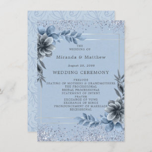 Dusty Blue Floral Silver Wedding Program Invitation