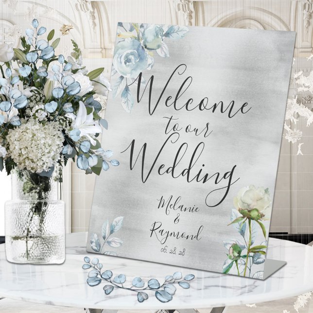 Dusty Blue Floral Silver Welcome To Our Wedding Pedestal Sign (Creator Uploaded)