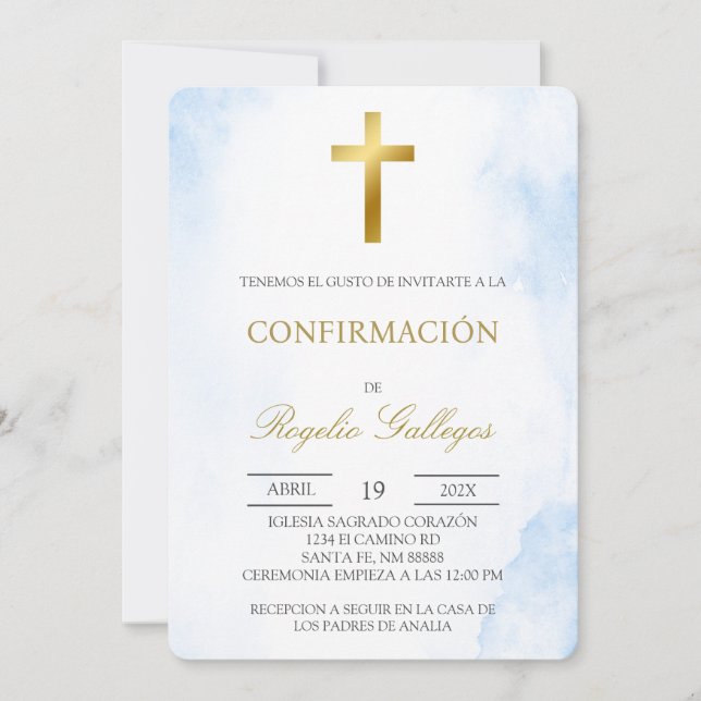 Dusty blue floral Spanish first communion Invitation (Front)