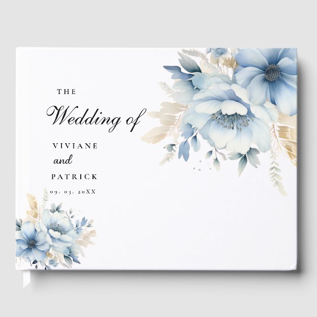 Dusty Blue Floral SPring Bloom Wedding  Guest Book (Front)