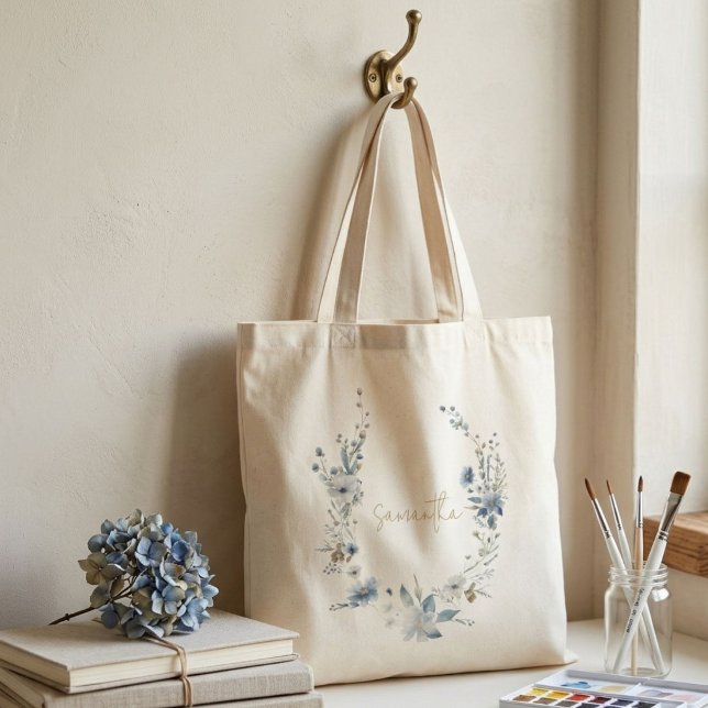 Dusty Blue Floral Spring greenery Name Monogram Tote Bag (Creator Uploaded)