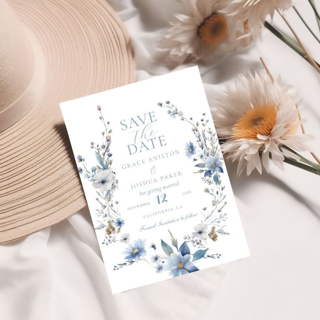 Dusty Blue Floral Spring greenery Wedding Save The Date (Creator Uploaded)