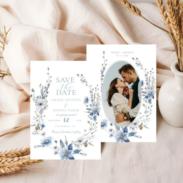 Dusty Blue Floral Spring greenery Wedding Save The Date (Creator Uploaded)