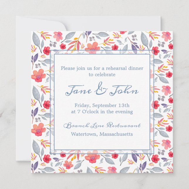 Dusty Blue Floral Square Invitation (Front)