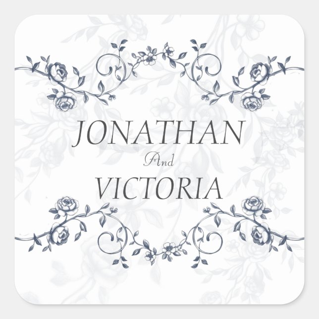 Dusty Blue Floral Square Wedding Envelope Stickers (Front)