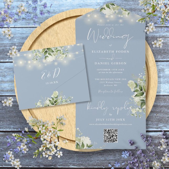 Dusty Blue Floral String Lights QR Code Wedding All In One Invitation (Dusty Blue Floral String Lights QR Code Wedding All In One Invitation)