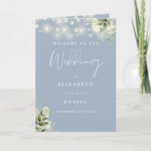 Dusty Blue Floral String Lights Wedding  Programme