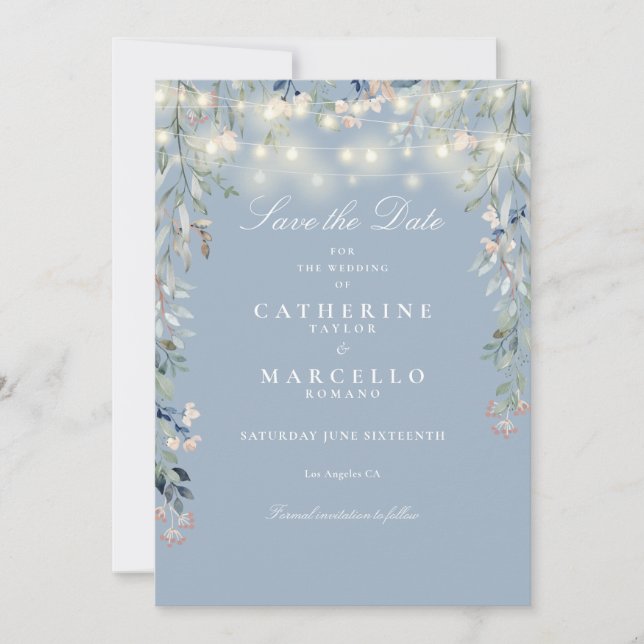 Dusty Blue Floral String Lights Wedding Save The Date (Front)