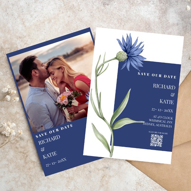 Dusty blue Floral stylish Qr code wedding Invitation (Creator Uploaded)