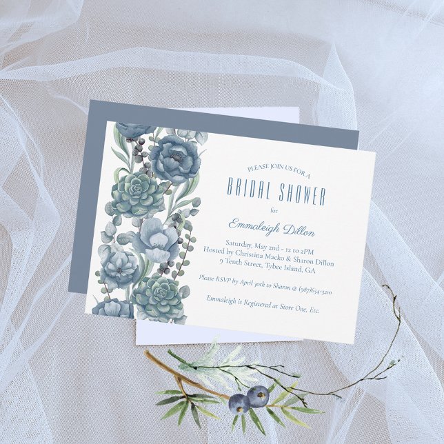 Dusty Blue Floral Succulents Bridal Shower Invitation (Creator Uploaded)