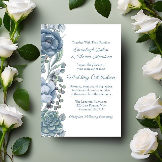 Dusty Blue Floral Succulents Wedding Invitation (Creator Uploaded)