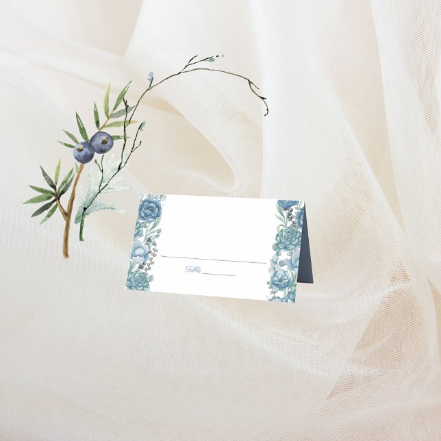 Dusty Blue Floral Succulents Wedding Place Card (Creator Uploaded)