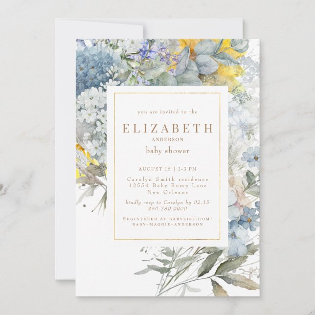 Dusty Blue Floral Sunflower Baby Shower Invitation (Front)