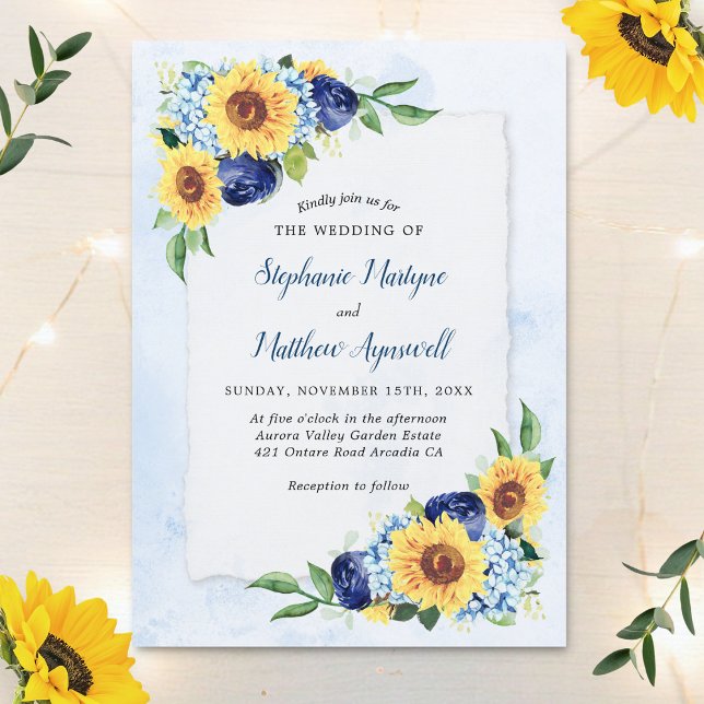 Dusty Blue Floral Sunflower Watercolor Wedding Invitation (Creator Uploaded)