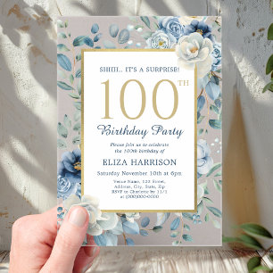 Dusty Blue Floral Surprise 100th Birthday Acrylic Invitations