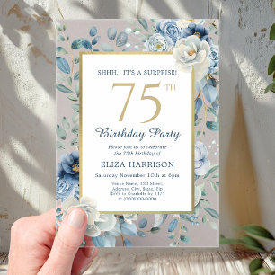 Dusty Blue Floral Surprise 75th Birthday Acrylic Invitations