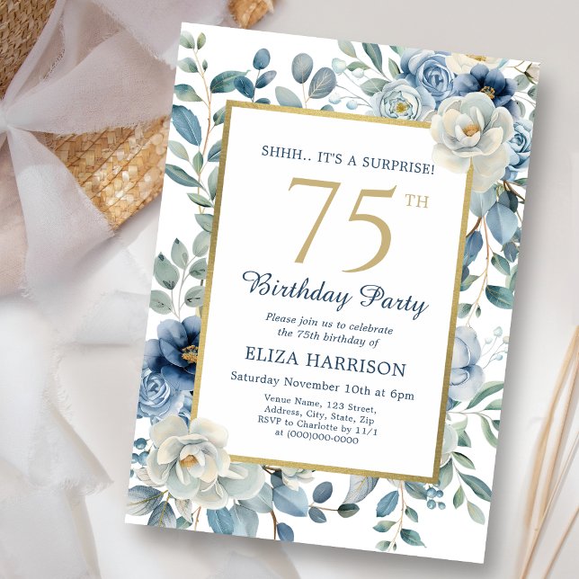Dusty Blue Floral Surprise 75th Birthday  Invitation (Creator Uploaded)