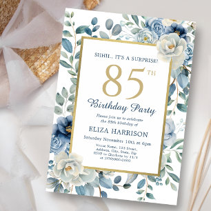 Dusty Blue Floral Surprise 85th Birthday  Invitation