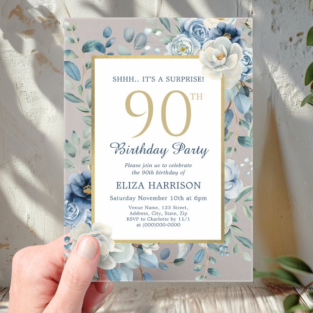 Dusty Blue Floral Surprise 90th Birthday  Acrylic Invitations (Creator Uploaded)