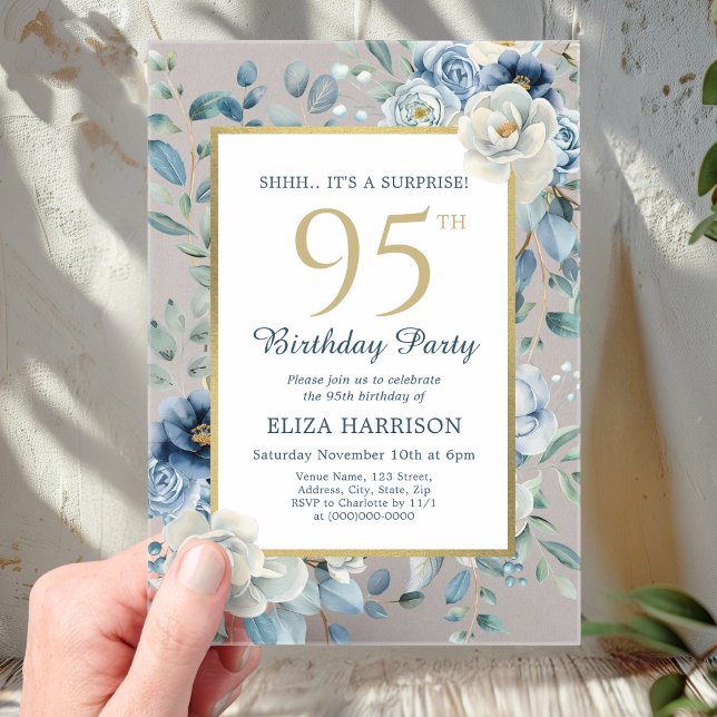 Dusty Blue Floral Surprise 95th Birthday  Acrylic Invitations (Creator Uploaded)