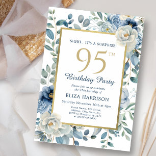 Dusty Blue Floral Surprise 95th Birthday  Invitation