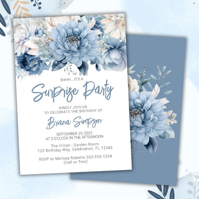 Dusty Blue Floral Surprise Birthday Party Invitation (Creator Uploaded)