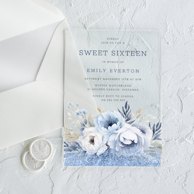 Dusty Blue Floral Sweet 16 Sixteen Party Acrylic Invitations (Creator Uploaded)