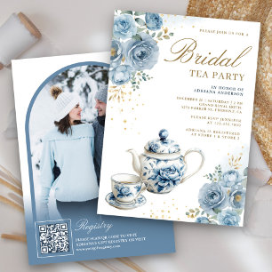 Dusty Blue Floral Tea Party QR Code Bridal Shower Invitation