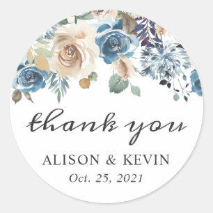 Dusty Blue Floral Thank You Sticker