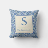 Dusty Blue Floral Toile Family Name Monogram