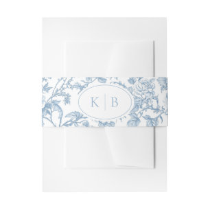 Dusty Blue Floral Toile Monogram Wedding Invitation Belly Band