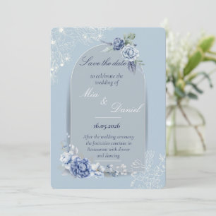 Dusty Blue Floral Toile Save the Date Card