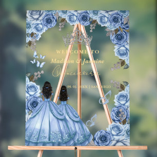 Dusty Blue Floral Twin Quinceañera Welcome Sign