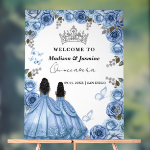 Dusty Blue Floral Twin Quinceañera Welcome Sign