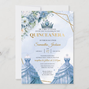 Dusty blue floral Twins Princess Dress Quinceañera Invitation