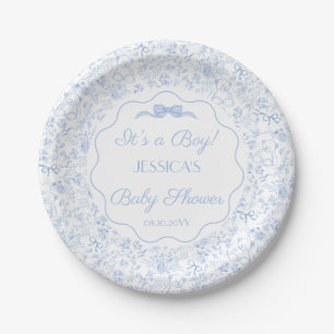 Dusty Blue Floral Vintage Teddy Bear Baby Shower Paper Plate