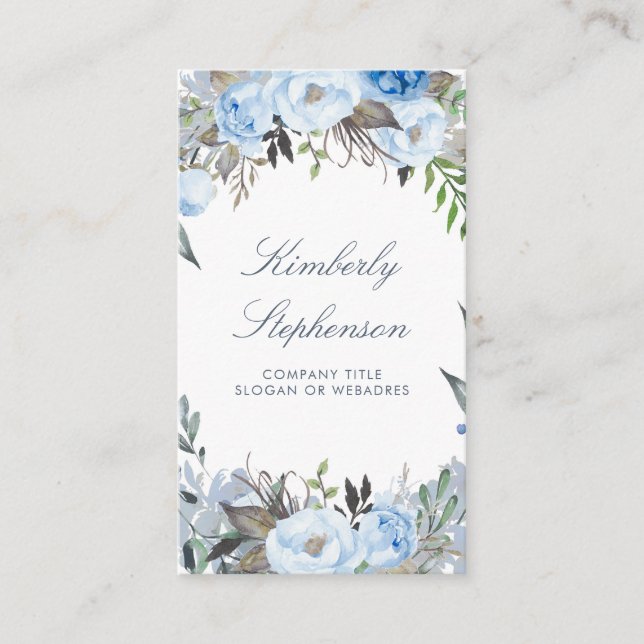 Dusty Blue Floral Watercolor Elegant Business Card (Front)