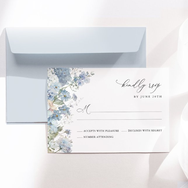 Dusty Blue Floral Watercolor Elegant Wedding RSVP Card (Dusty blue floral wedding RSVP card, watercolor hydrangea design, elegant wedding stationery)
