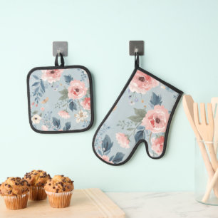 Dusty Blue Floral Watercolor Garden Pink Blooms Oven Mitt & Pot Holder Set