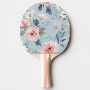 Dusty Blue Floral Watercolor Garden Pink Blooms Ping Pong Paddle