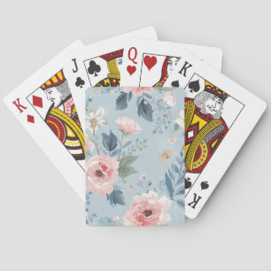 Dusty Blue Floral Watercolor Garden Pink Blooms Playing Cards