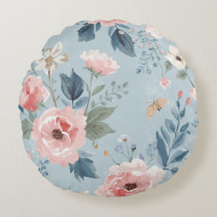 Dusty Blue Floral Watercolor Garden Pink Blooms Round Cushion