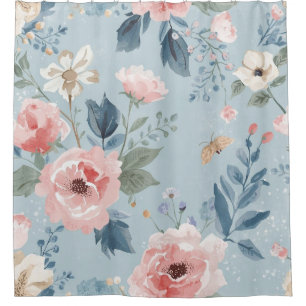 Dusty Blue Floral Watercolor Garden Pink Blooms Shower Curtain