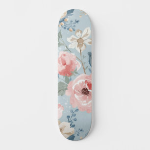 Dusty Blue Floral Watercolor Garden Pink Blooms Skateboard