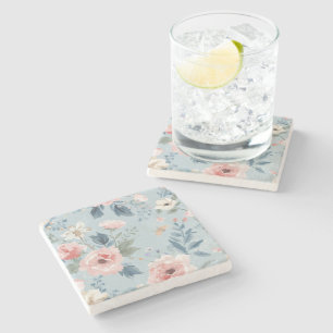 Dusty Blue Floral Watercolor Garden Pink Blooms Stone Coaster